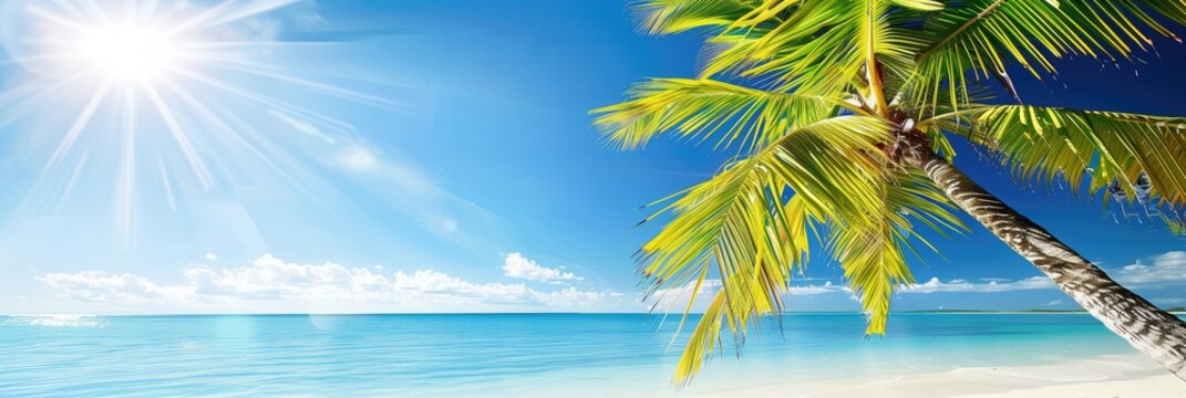 Green palms against blue sky background as vacation and summer holidays concept with copyspace for travel agency advertising campaign