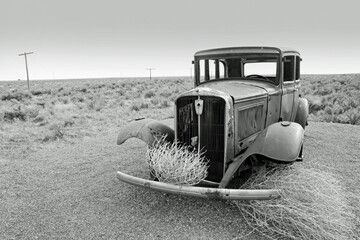 Old abandoned car on Route 66 in the Arizona desert. . Left over from the 1930's dust bowl route to...