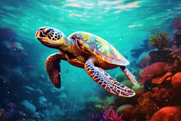 Obraz premium Enchanting Colorful underwater sea turtle. Water reef. Generate Ai