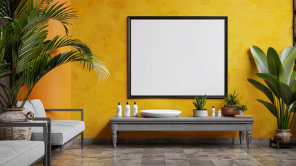 A luxurious spa waiting area featuring a blank frame under a grey table, deep yellow wall for a calm yet vibrant feel.
