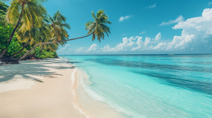 Tropical beach with turquoise waters and palm trees.