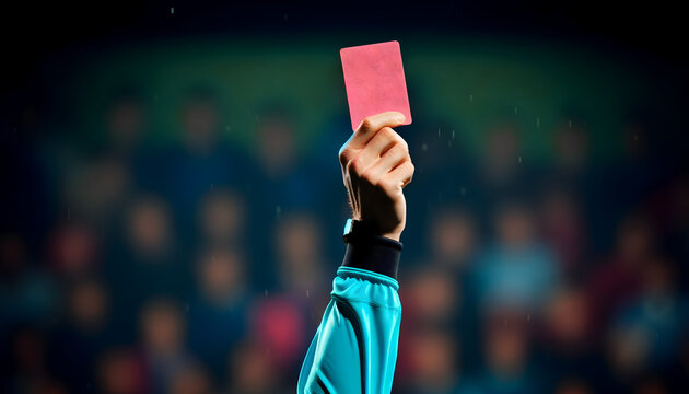 The referee shows the pink card during a football match at the stadium