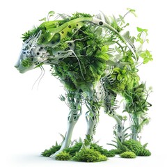 Futuristic mechanical animal with lush green foliage, blending technology and nature. Ideal for eco-tech and fantasy themes.