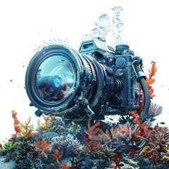 Underwater camera submerged in ocean capturing vibrant coral reef scene with colorful aquatic life and detailed textures.