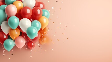 A vibrant bunch of colorful balloons against a soft peach background with scattered confetti.