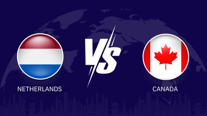 Netherlands vs Canada flag, world map and building skyline use for t20 cricket world cup 2024 template banner design