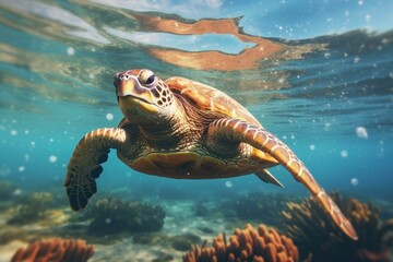 Tranquil Turtle underwater swim. Water marine. Generate Ai