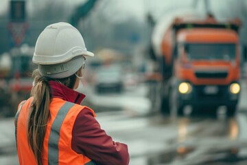 Female engineer in reflective gear observing construction site