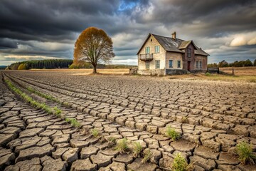 The concept of global warming on planet Earth. Dry and cracked earth and a field of wheat. The...