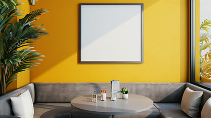 A trendy cafe corner with a blank frame under a grey table, deep yellow wall adding a touch of sunshine to the decor.