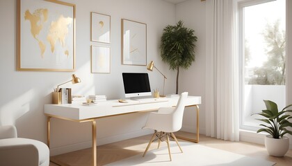 white and gold theme interior modern minimalism photo realism