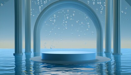 3d rendering floating podium water drops ocean arch background Minimal light blue color scheme Moisturizer cosmetic product poduim three-dimensional dais drop