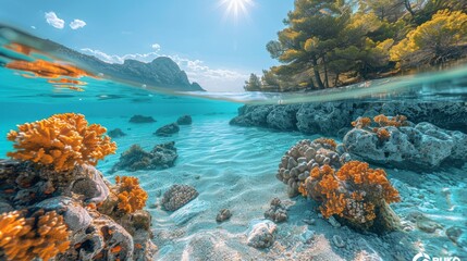 Unique perspective showing underwater ecosystem and beach scenery with clear blue sky and sun