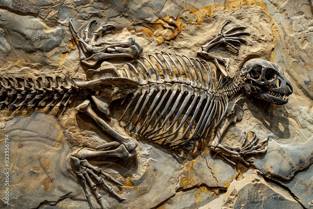 Poster a fully articulated dinosaur skeleton fossil embedded in stone, displayed for scientific study
