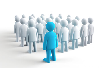 3D illustration of white figure standing out in group of blue figures. Concept of leadership, individuality, teamwork, community. Isolated on  white background. Ideal for business, educational designs