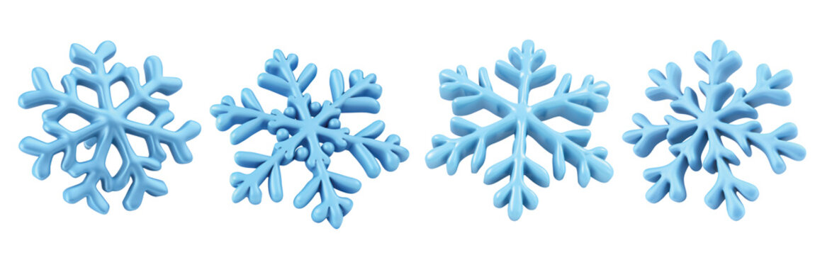3D rendered blue snowflakes in various designs, isolated on transparent background. Ideal winter-themed projects, Christmas, seasonal decorations. Suitable graphic design, stickers, holiday banners