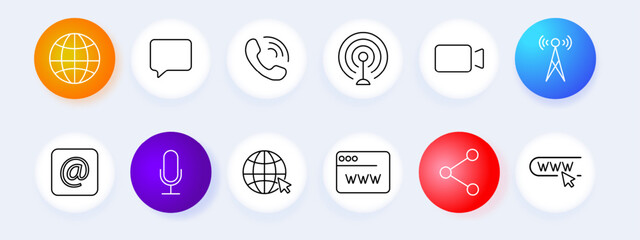 Connection set icon. Chat, phone, call, communication, video camera, antenna, network, contact us, globe, Internet, website, WWW, window, link, share, microphone, Internet, mail, 5g, call center