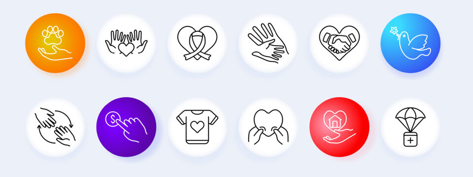 Charity set icon. Help for those in need, heart, palms, hands, ribbon, fight against cancer, blue bird of peace, donation, flower, animal protection, humanitarian aid, financial support. Help concept.