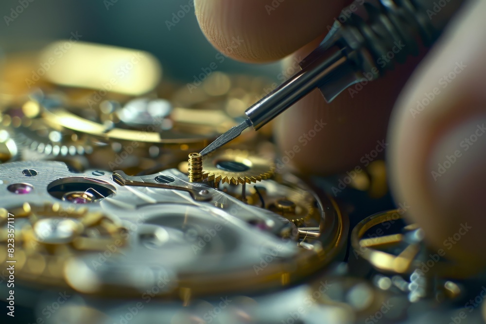 Aufkleber The image captures the delicate process of assembling watch parts, highlighting the precision required