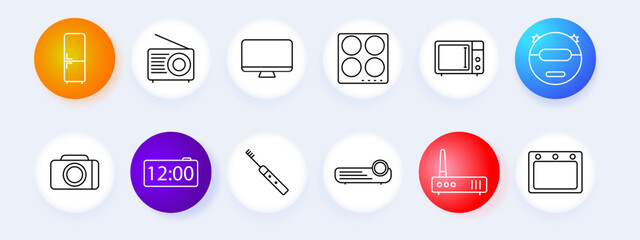 Household appliances set icon. Radio, TV, monitor, computer, stove, microwave, robot vacuum cleaner, electronic scales, refrigerator, electronic toothbrush, projector, oven, router, clock, fridge