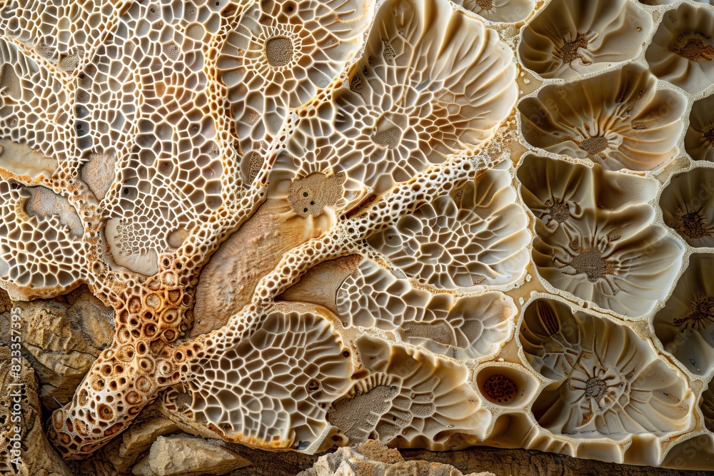 Poster a highly detailed close-up shot displaying the intricate textures and patterns of coral fossils