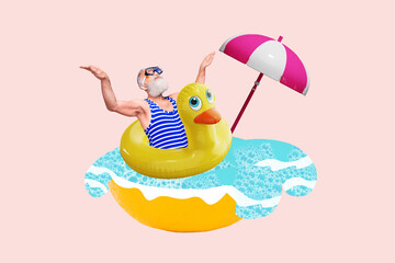 Composite photo collage of old man tourist lie duck lifebuoy enjoy summer vacation umbrella pool...