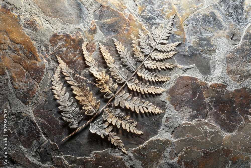 Poster preserved fern fossil on a multi-colored rock surface, showcasing botanical history in vivid detail