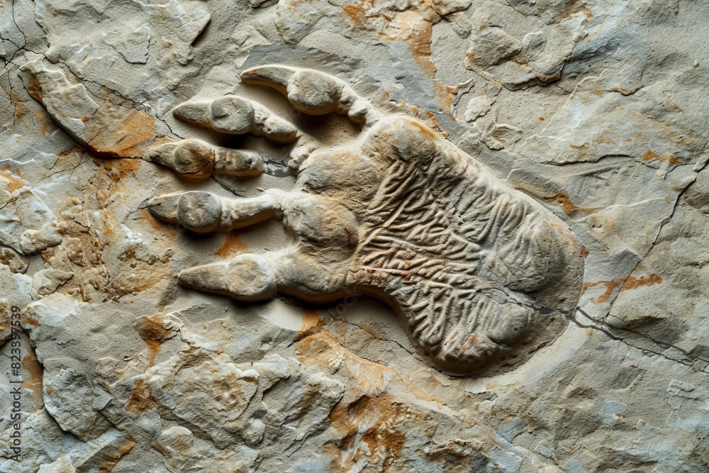 Aufkleber detailed image showing a prehistoric animal paw print fossilized in stone, with visible claw marks