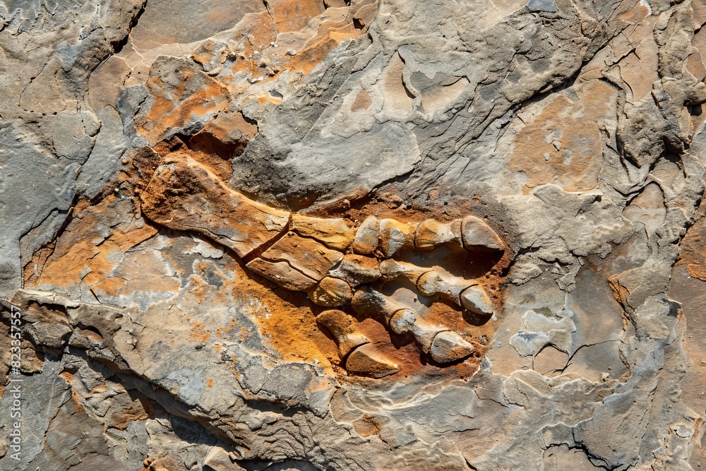 Poster close-up of a well-preserved dinosaur footprint fossil embedded in rock, showcasing ancient wildlife