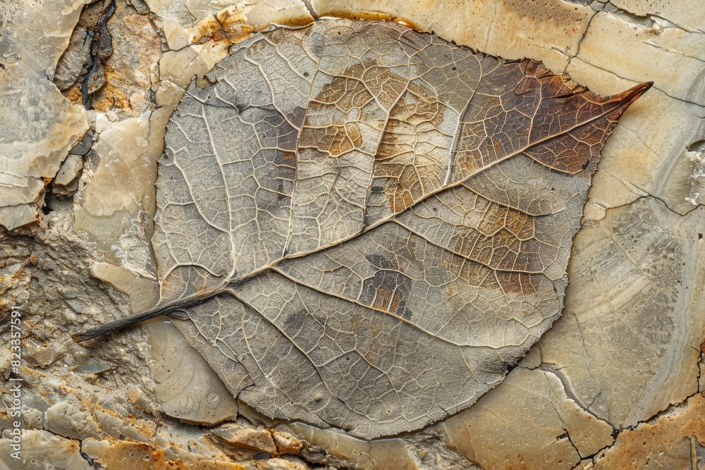 Poster Macro shot of a fossilized leaf with intricate vein patterns preserved in sedimentary rock