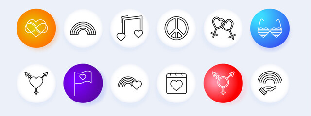 LGBTQ pride set icon. Infinity heart, rainbow, musical note with hearts, peace symbol, interlocked hearts, heart flag, calendar with heart, transgender symbol, rainbow in hand. LGBTQ pride and love