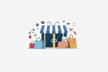 Vibrant illustration of a digital storefront with various shopping bags and secure online transactions