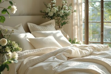 Modern bedroom interior. Big comfortable bed with clean linen in room