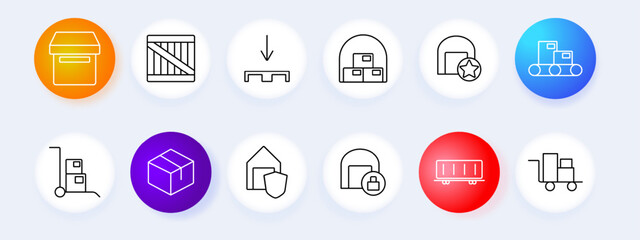 Logistics and warehouse set icon. Box, crate, pallet, warehouse, storage, trolley, packages, delivery truck, warehouse with lock, shipping, containers, hand truck. Storage concept.
