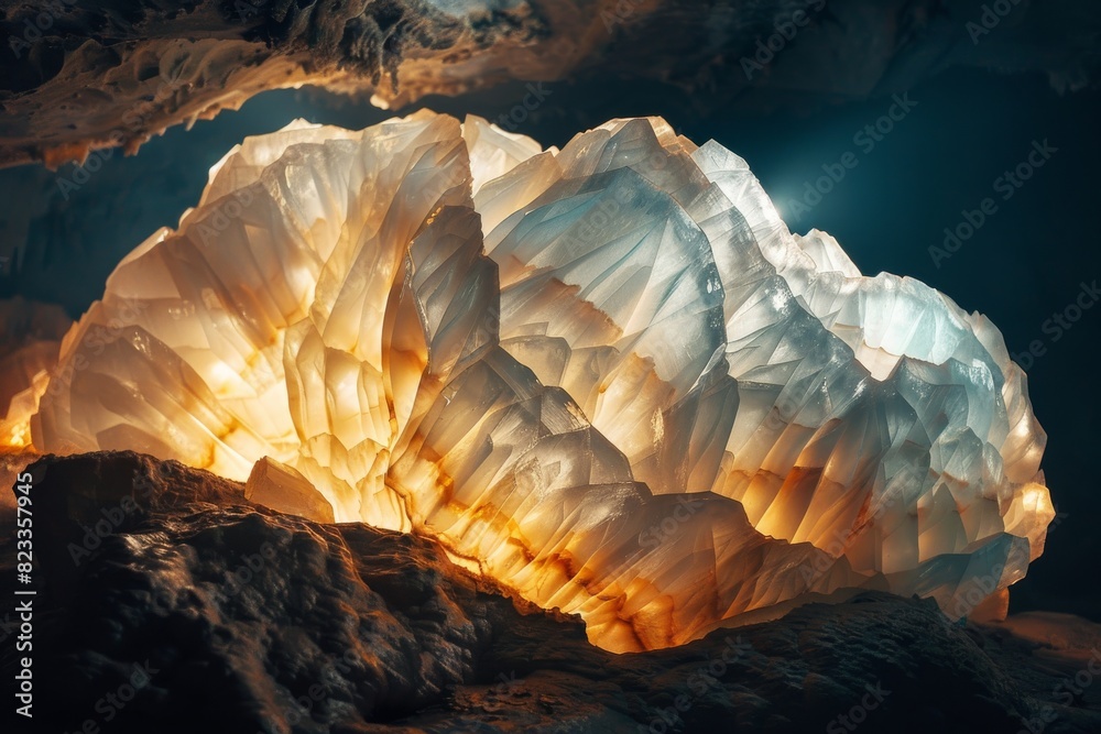 Poster ethereal glow of a large translucent crystal formation within a mystical cave environment highlighte