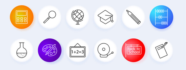 School supplies set icon. Calculator, magnifying glass, globe, graduation cap, pencil, abacus, test tube, percentage, math board, school bell, back to school, notebook. Education concept.