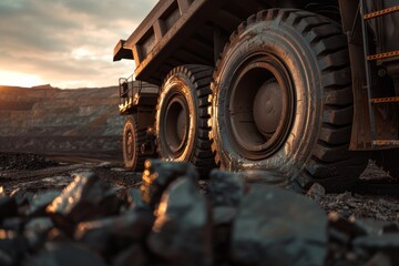 Dramatic close-up shot of the giant wheels of a large mining truck at a quarry with dirt and pebbles foreground