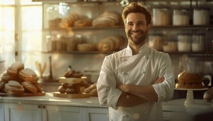 A smiling chef in a white jacket standing in a well-stocked bakery kitchen, exemplifying professionalism and culinary environment