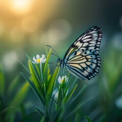 Obraz premium Beautiful Butterfly on Blurred Background, Rice Paper Butterfly Banner with Copy Space, Meadow Butterfly
