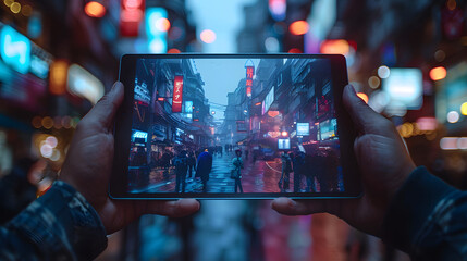 Hands hold a tablet displaying a vibrant night scene of a city street illuminated by neon signs, bustling with people. The blurred background adds depth and emphasizes the tablet's crisp image