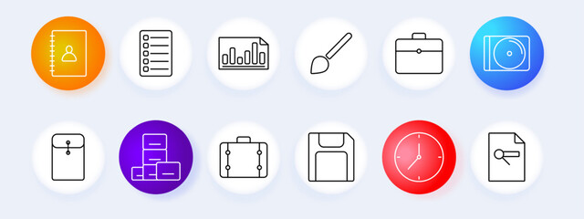 Office supplies set icon. Address book, checklist, graph, brush, briefcase, CD, envelope, boxes, suitcase, floppy disk, clock, document. Business and organization concept.