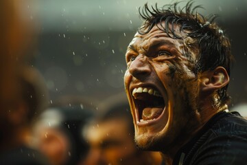 Intense male football player shouting victoriously, rain visible around him