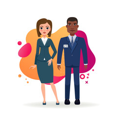 Business lady with African American security guard. Caucasian businesswoman and Black man in formal wear. Business, security concept. Vector illustration can be used for topics like partnership, team