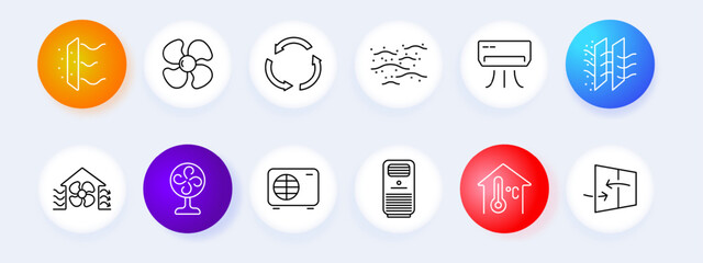 HVAC system set icon. Air filter, fan, air conditioner, ventilation, thermostat, heat exchanger, air purification, airflow. Climate control, home comfort, air quality concept.