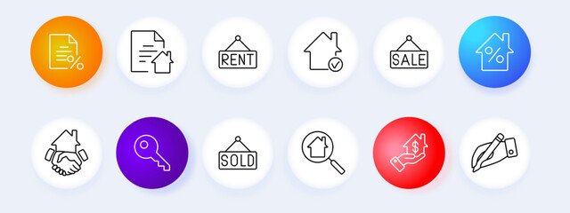 Real estate set icon. Contract, rent, sale, percentage, handshake, key, magnifying glass, sold sign, property, home. Real estate transaction, buying, selling, renting concept.