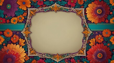 Colorful Islamic background with a floral frame, showcasing vibrant flowers in an artistic arrangement.