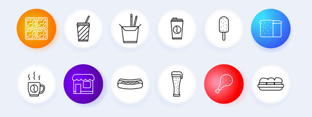 Fast food set icon. Waffle, drink, noodles, coffee, popsicle, bread, sandwich, hotdog, beer, chicken, cafe. Fast food and snack concept.