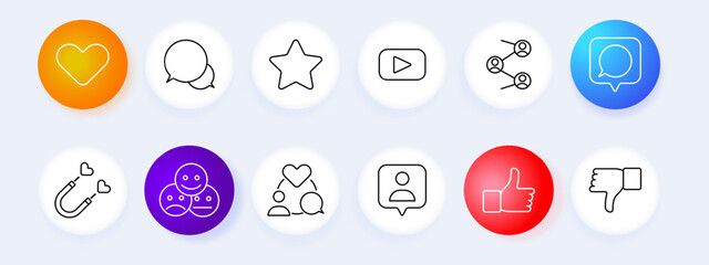 Social media and communication set icon. Heart, chat, star, video, share, comment, magnet, group, feedback, profile, thumbs up, thumbs down. Social interaction concept.