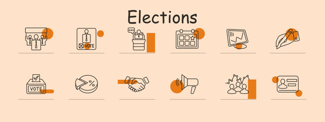 Elections set icon. Candidate, voting box, podium, calendar, results chart, ballot paper, campaign megaphone, voter ID. Political, elections, democracy, voting.