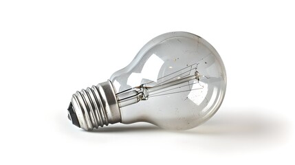 Clear light bulb on white background. Simple bulb laying down. Minimalist style. Conceptual image of ideas and innovation. AI